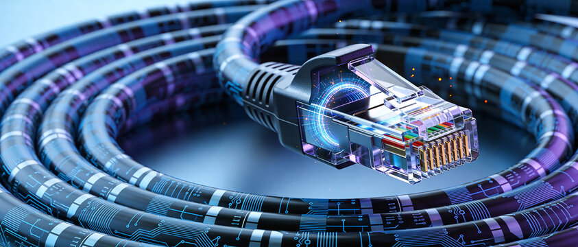 Close-up of ethernet cable with RJ45 connector showing digital tunnel inside, symbolizing high-speed data transmission and futuristic connectivity. - Powered by Adobe