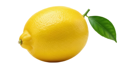 Bright yellow lemon with green leaf isolated PNG, fresh citrus fruit for lemonade and healthy eating concepts on transparent background
