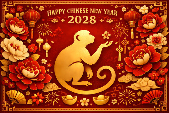Happy Chinese New Year 2028, featuring elegant monkey silhouette, ornate flowers, and festive decorative elements on red background
