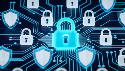 Cybersecurity icons floating above secure network, digital lock and shield icons symbolizing layered protection