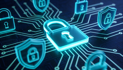 Cybersecurity icons floating above secure network, digital lock and shield icons symbolizing layered protection