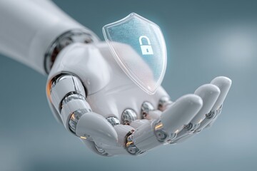 White futuristic robotic hand holding a transparent digital shield with lock icon - cybersecurity, data protection and trusted AI technology.