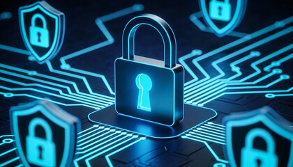 Cybersecurity icons floating above secure network, digital lock and shield icons symbolizing layered protection