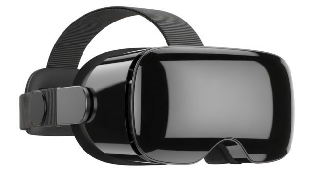 Sleek black VR headset PNG isolated on transparent background, virtual reality device for gaming and immersive experiences - Powered by Adobe
