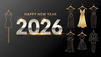 Elegant fashion and clothing Happy New Year 2026 design with stylish fashion icons, metallic numbers, gold and black accents and a modern editorial layout