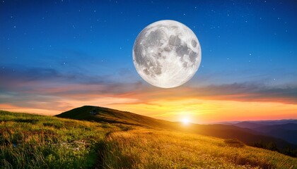 Bright Full Moon Rising Over A Grassy Hill With Clear Starry Night And Colorful Sunset Sky