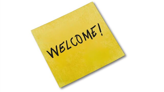 Yellow sticky note with welcome message animation