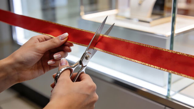 Woman cutting red ribbon in jewelry store during grand opening  