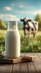 Glass bottle of fresh milk on a rustic wooden table with a cow grazing in the background - natural dairy, farm freshness and wholesome rural lifestyle.