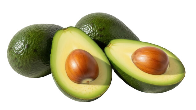 Fresh green avocados isolated PNG, whole and halved with pit on transparent background, healthy fruit for vegan diet and cooking