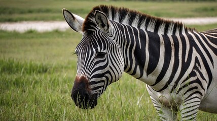 Close-up of a zebra grazing in a lush green field, showcasing its striking black and white stripes.