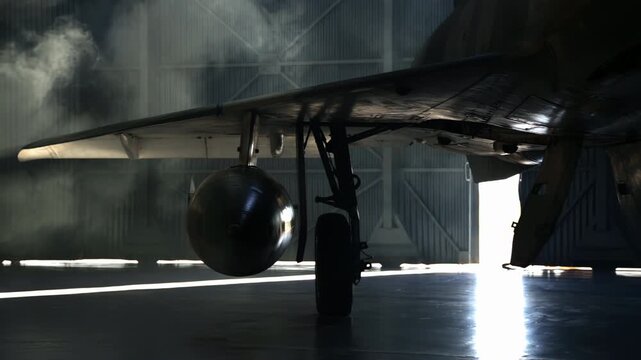 Military Aircraft Revealed in Hangar With Smoke and Light, Imminent Deployment Concept - 4K