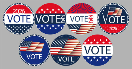 United States Midterm elections 2026, Senate, House of Representatives and Gubernatorial elections VOTE US round, pin, button, icon set. Electoral symbols, United States of America USA Flag.