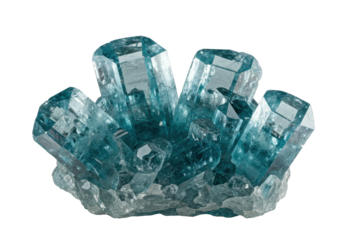 Extreme macro close-up of four raw, jagged, oceanic blue aquamarine crystals isolated on a high-key transparent infinity background with sidelighting and copy space. concept of geological luxury