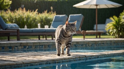 Obraz premium A playful gray tabby cat walks along the edge of a sparkling pool on a sunny day.