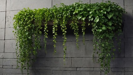 Fototapeta premium Lush green ivy cascading down from a wooden shelf against a textured gray wall.