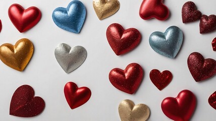 Obraz premium Colorful assortment of glittery hearts in various shades on a white background, evoking a festive and romantic atmosphere.
