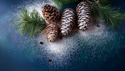 Powdered Sugar Mint Pine Cones On A Dark Blue Winter Background Festive Holiday Decor Cozy Christmas Baking Aesthetic Elegant Season Celebration White Green Brown