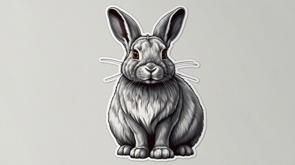A detailed illustration of a gray rabbit with prominent ears and whiskers, sitting poised against a light backdrop.