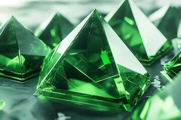 3D green pyramids create an abstract futuristic background element for digital design projects.