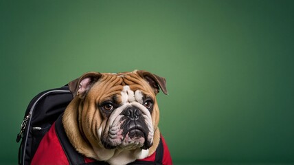 A charming bulldog with a serious expression, wearing a red jacket, sitting against a vibrant green backdrop.