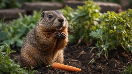 A cheerful groundhog with light brown fur enjoys a fresh carrot in a lush garden setting.
