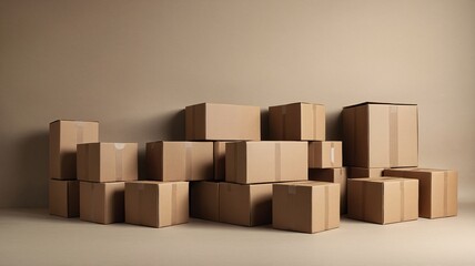 A collection of stacked cardboard boxes arranged in a warm-toned setting, perfect for logistics and storage concepts.