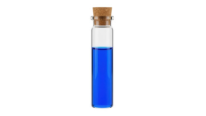 Glass vial with blue liquid isolated PNG, potion bottle with cork on transparent background, chemistry lab equipment