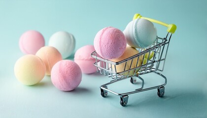 pastel colored bath bombs in a miniature shopping cart