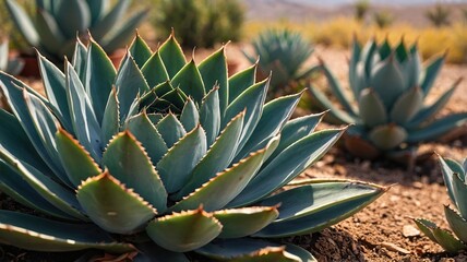 Close-up view of a vibrant green succulent plant in a desert landscape.