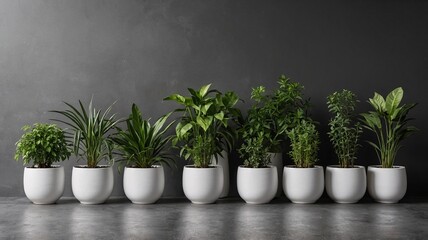 A stunning arrangement of lush green plants in sleek white pots against a dark wall, creating a calming indoor atmosphere.