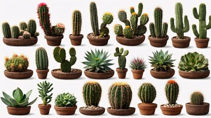 A vibrant collection of various cacti and succulents in rustic pots, showcasing diverse shapes and colors for a lively indoor garden.