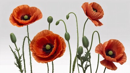 Vibrant orange poppies in various stages of bloom, showcasing their delicate petals and lush greenery against a soft background.