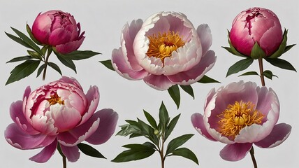 Beautiful pink peonies in various stages of bloom, featuring lush petals and vibrant yellow centers.