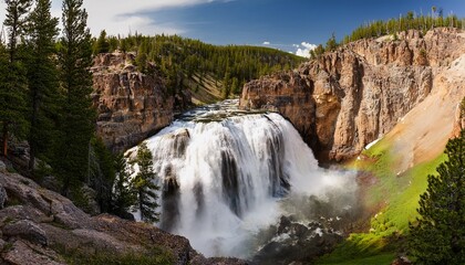 Fototapeta premium gibbon falls a wide wyoming waterfall on the gibbon river of yellowstone national park cascades and plunges whitewater over a cliff in a rocky canyon with steep walls
