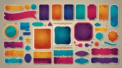 Colorful collection of decorative labels and banners in vibrant shades of blue, purple, and orange.