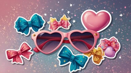 Colorful heart-shaped sunglasses surrounded by playful bows and hearts.