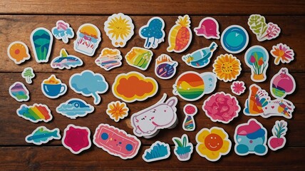 Colorful stickers collection featuring whimsical designs and cheerful themes, perfect for personalizing items.