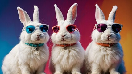Three playful white rabbits wearing colorful sunglasses, exuding a fun and cheerful vibe against a vibrant background.