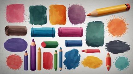 A vibrant arrangement of various art supplies including colorful paints and crayons, showcasing creativity and artistic expression.