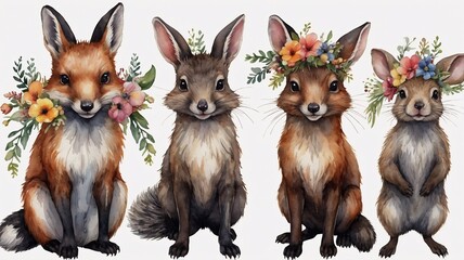 Four adorable animals, including a fox and a bunny, adorned with floral crowns, exuding a charming and whimsical atmosphere.