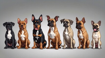 A colorful lineup of various dog breeds, showcasing their distinct features and personalities in a playful, animated style.
