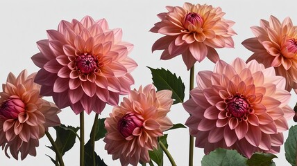 A vibrant cluster of soft pink dahlias in full bloom, showcasing intricate petal details against a neutral background.