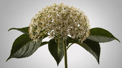 A stunning cluster of white flowers on a green stem, showcasing delicate petals and lush leaves against a soft backdrop.