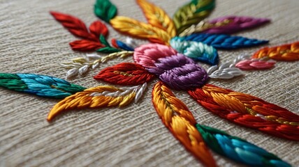 Close-up of vibrant embroidery featuring colorful floral and leaf designs on textured fabric.