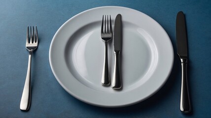 Elegant silverware arranged neatly beside a pristine white plate on a textured blue background.