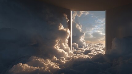 an open window in the middle of the sky showing another universe, surreal portal of consciousness and dreamscape, 