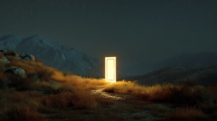 a glowing door floating in the desert at night, inviting light beyond darkness, metaphor of hope and awakening, 