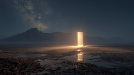a glowing door floating in the desert at night, inviting light beyond darkness, metaphor of hope and awakening, 