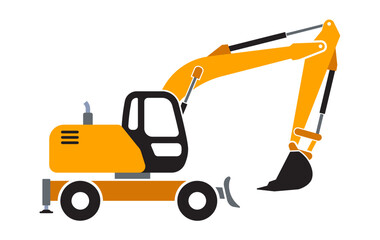 wheeled excavator digger yellow construction vehicle symbol simplified side view isolated vector on transparent background